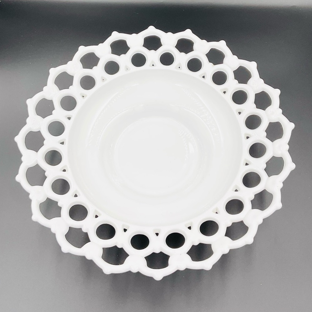 Vintage milk glass bowl with an open lace or lattice edge design